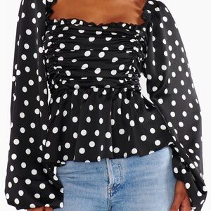 Show Me Your MuMu Black & White Polka Dot Ruched Peplum Top